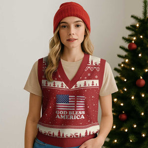 God Bless America V-Neck Knit Sweater Vest Cross USA Flag Patriotic 4th of July Christian TS10 Red Beige Print Your Wear