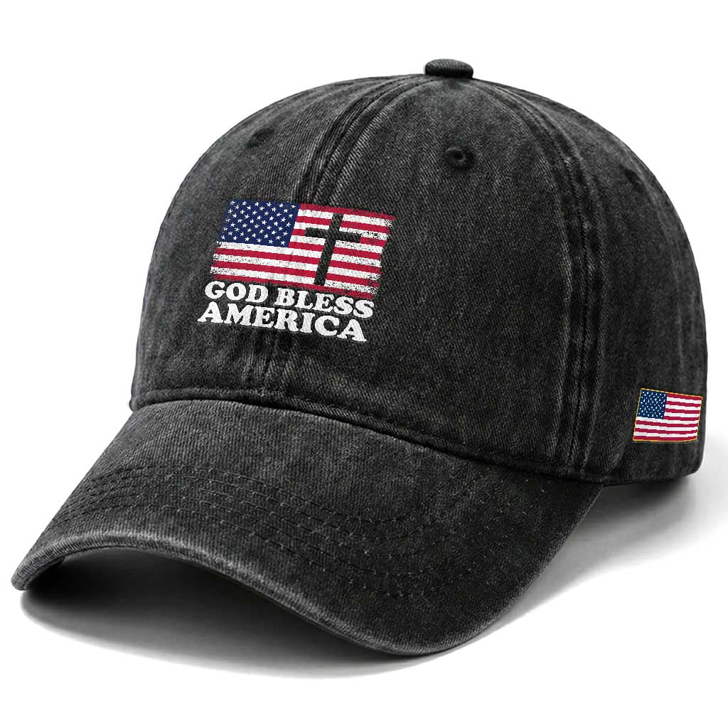God Bless America Washed Cotton Baseball Cap Cross USA Flag Patriotic 4th of July Christian TS10 Print Your Wear