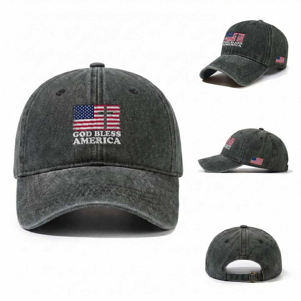 God Bless America Washed Cotton Baseball Cap Cross USA Flag Patriotic 4th of July Christian TS10 Washed Cap Universal Fit Dark Green Print Your Wear