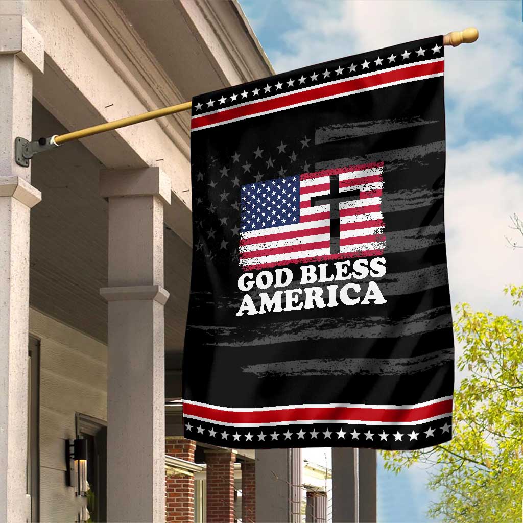 God Bless America Garden Flag Cross USA Flag Patriotic 4th of July Christian TS10 Distressed Black Red Print Your Wear