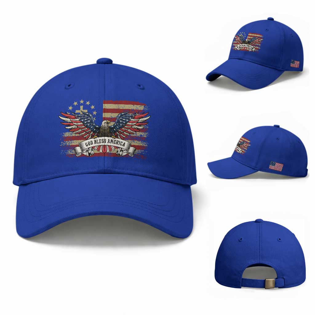 God Bless America Baseball Cap Vintage Eagle Christian Cross Flag 4th Of July TS10 Baseball Cap Universal Fit Royal Blue Print Your Wear