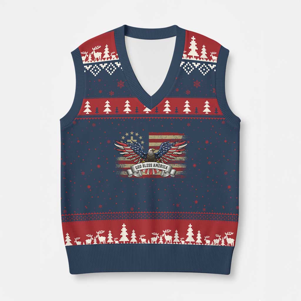 God Bless America V-Neck Knit Sweater Vest Vintage Eagle Christian Cross Flag 4th Of July TS10 Navy Red Print Your Wear