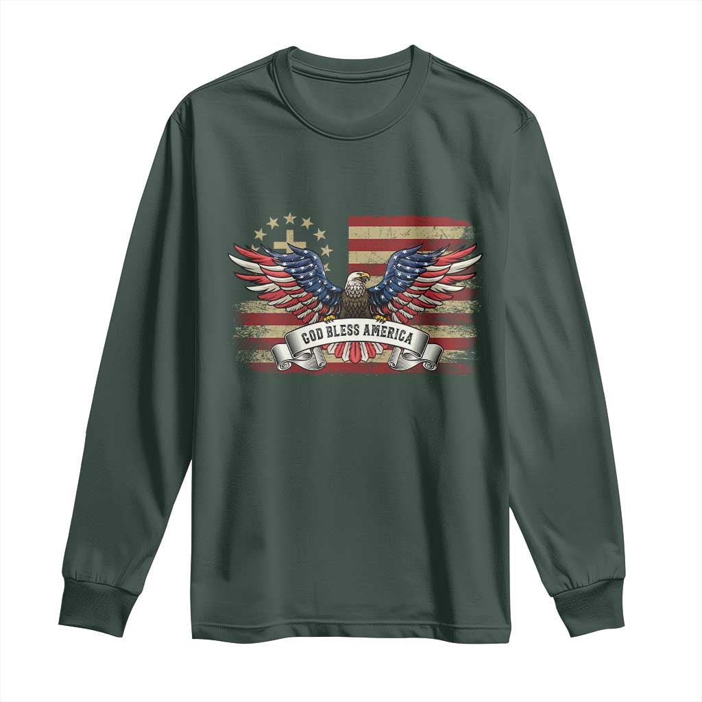 God Bless America Long Sleeve Shirt Vintage Eagle Christian Cross Flag 4th Of July TS10 Dark Forest Green Print Your Wear