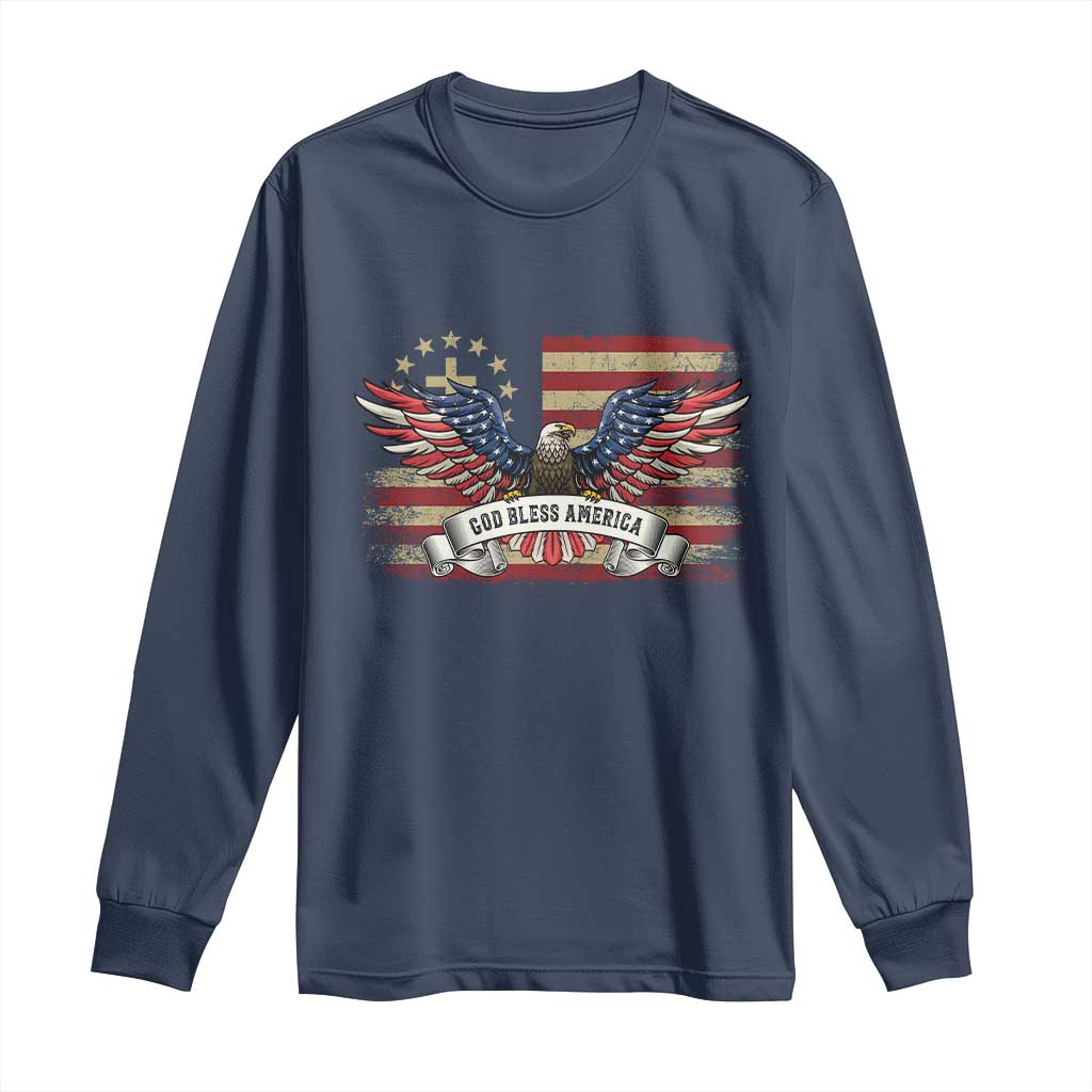 God Bless America Long Sleeve Shirt Vintage Eagle Christian Cross Flag 4th Of July TS10 Navy Print Your Wear