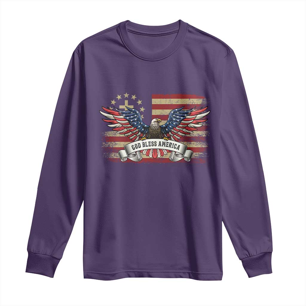 God Bless America Long Sleeve Shirt Vintage Eagle Christian Cross Flag 4th Of July TS10 Purple Print Your Wear