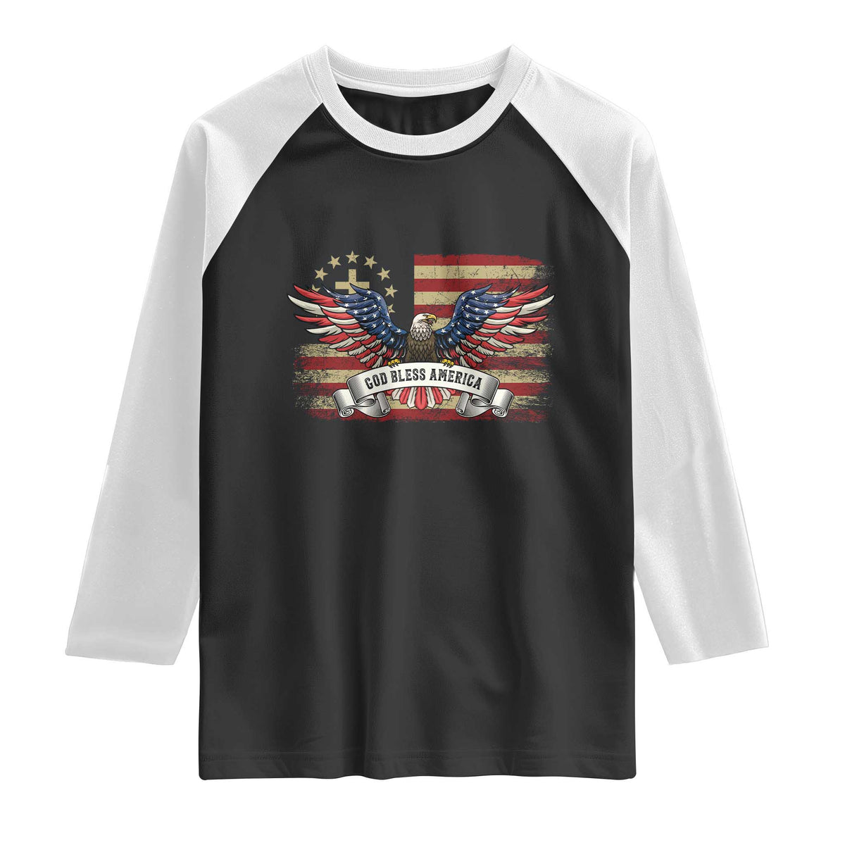 God Bless America Raglan Shirt Vintage Eagle Christian Cross Flag 4th Of July TS10 Black White Print Your Wear