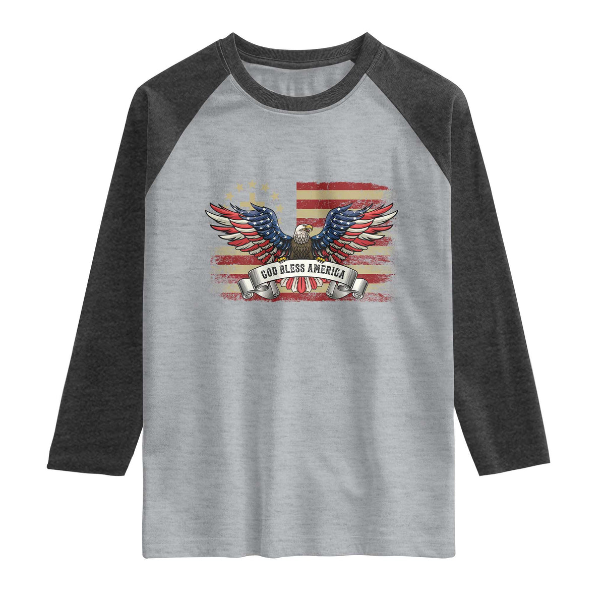 God Bless America Raglan Shirt Vintage Eagle Christian Cross Flag 4th Of July TS10 Heather Gray Heather Charcoal Print Your Wear