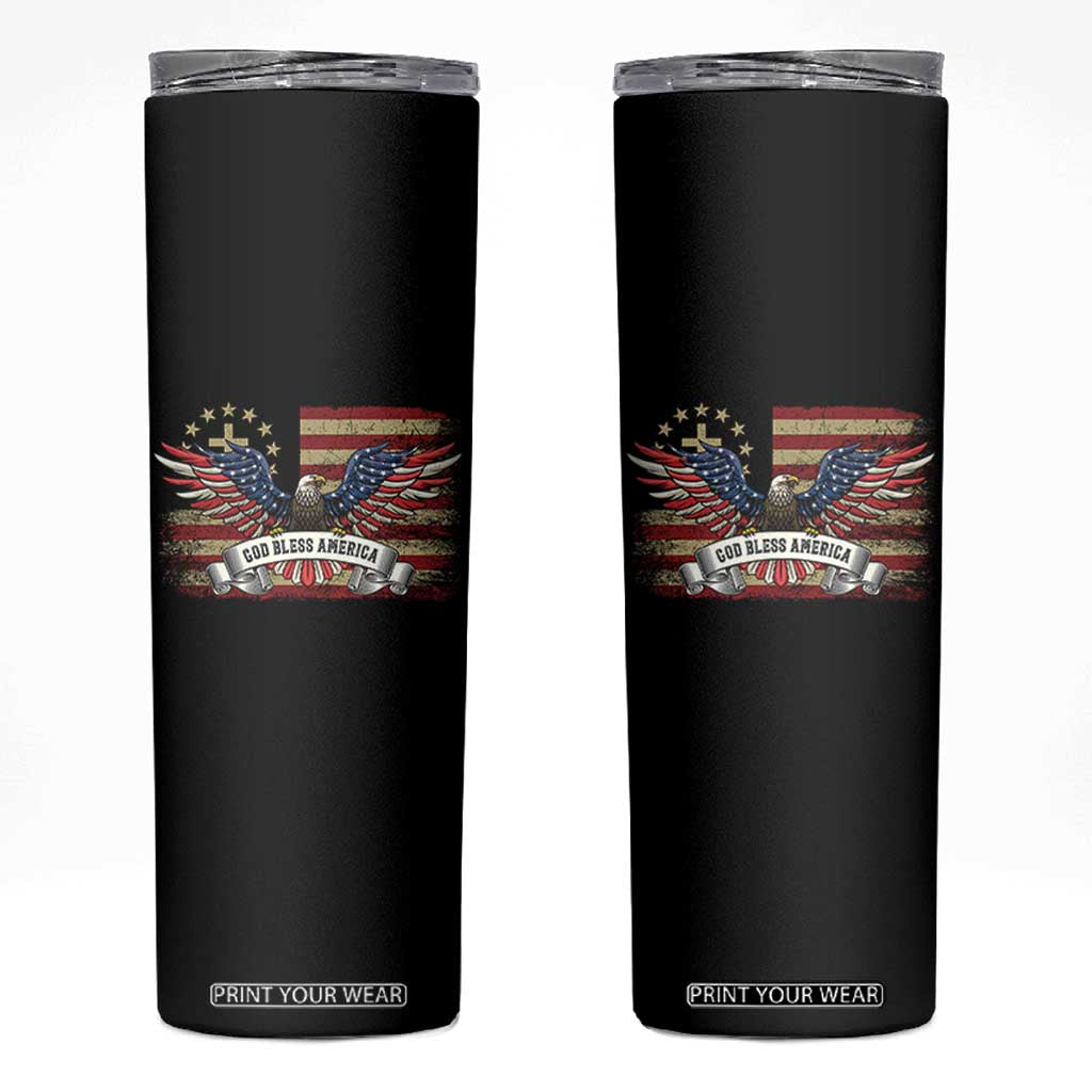 God Bless America Skinny Tumbler Vintage Eagle Christian Cross Flag 4th Of July TS10 Black Print Your Wear