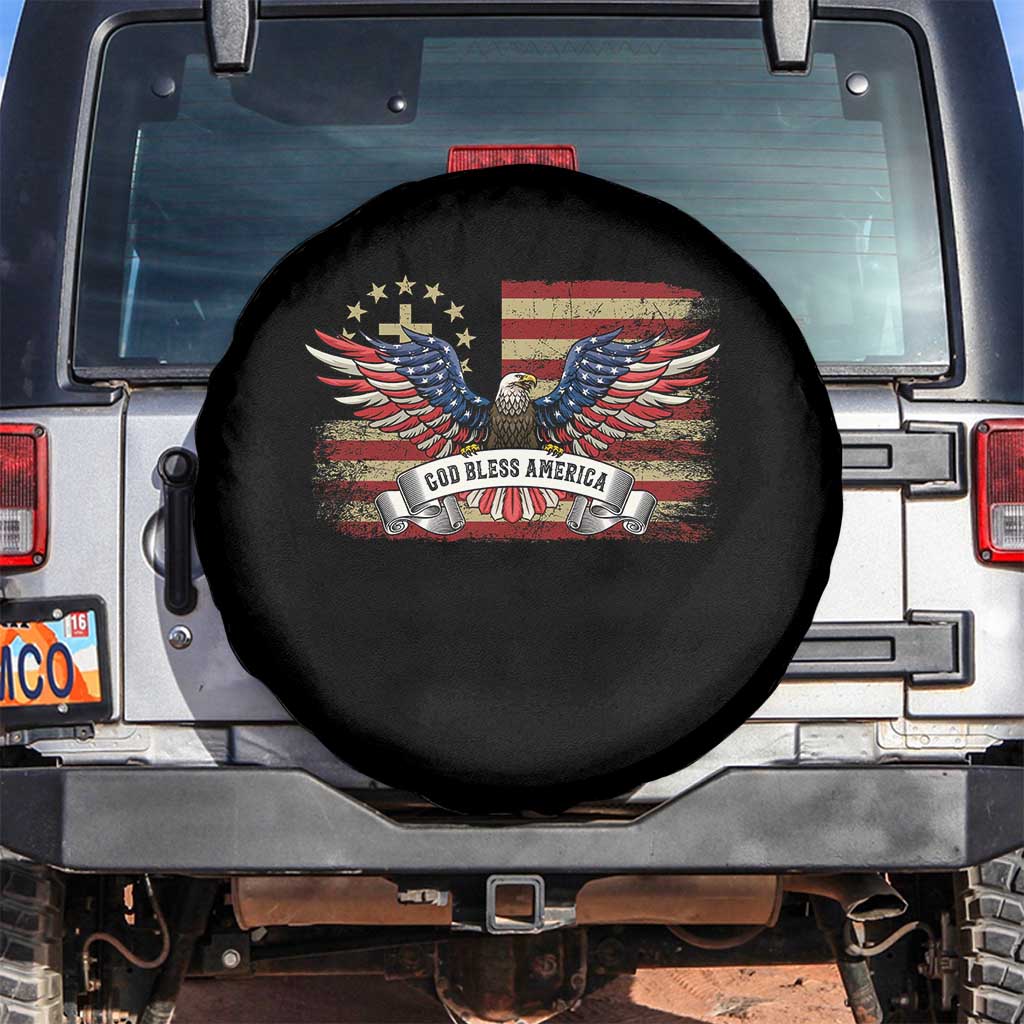 God Bless America Spare Tire Cover Vintage Eagle Christian Cross Flag 4th Of July TS10 No hole Black Print Your Wear