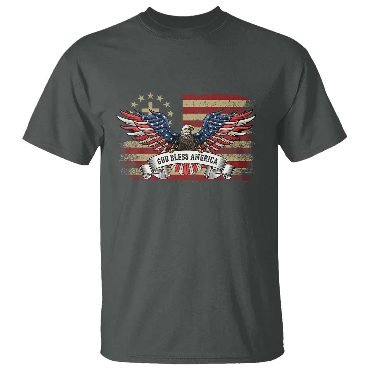 God Bless America T Shirt Vintage Eagle Christian Cross Flag 4th Of July TS10 Dark Heather Print Your Wear