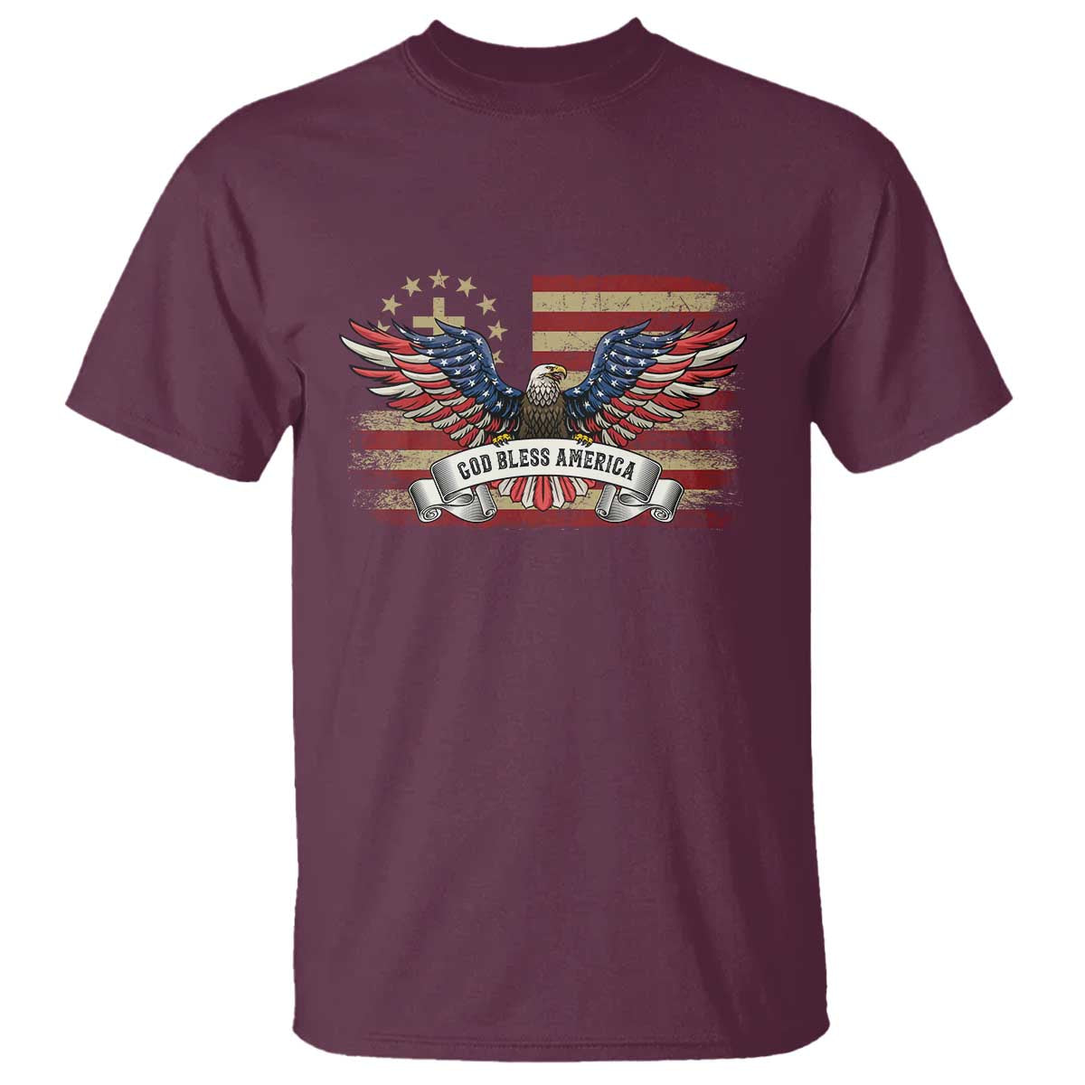 God Bless America T Shirt Vintage Eagle Christian Cross Flag 4th Of July TS10 Maroon Print Your Wear