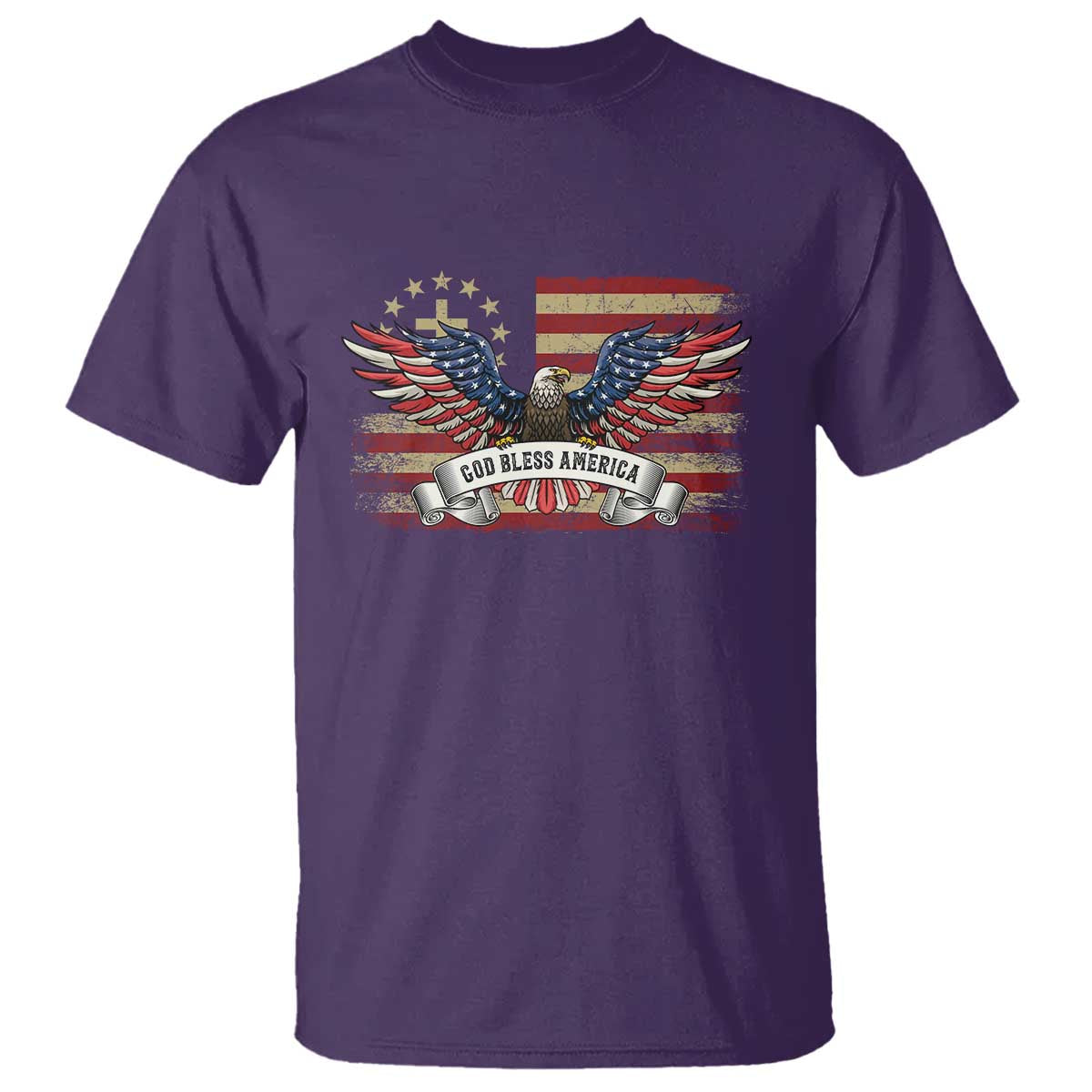God Bless America T Shirt Vintage Eagle Christian Cross Flag 4th Of July TS10 Purple Print Your Wear