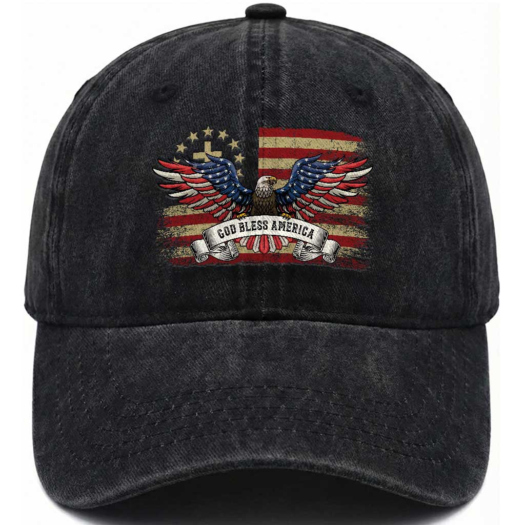 God Bless America Washed Cotton Baseball Cap - Vintage Eagle Christian Cross Flag 4th Of July TS10 Print Your Wear