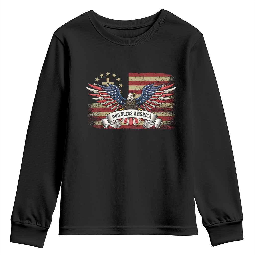 God Bless America Youth Sweatshirt Vintage Eagle Christian Cross Flag 4th Of July TS10 Black Print Your Wear