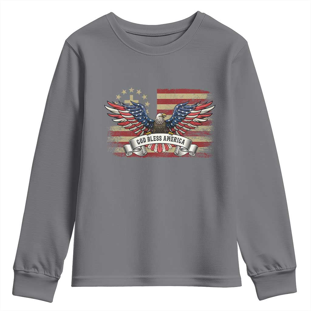 God Bless America Youth Sweatshirt Vintage Eagle Christian Cross Flag 4th Of July TS10 Charcoal Print Your Wear