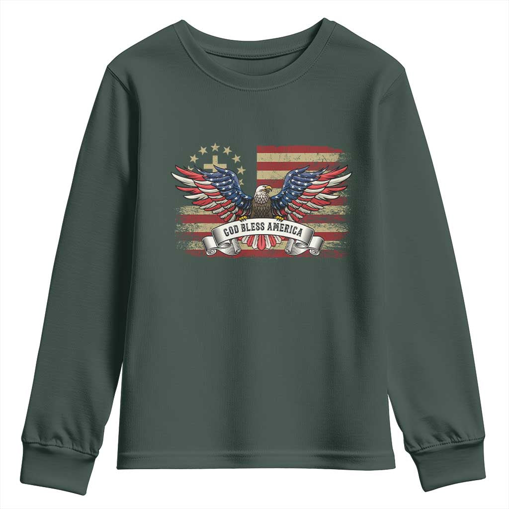 God Bless America Youth Sweatshirt Vintage Eagle Christian Cross Flag 4th Of July TS10 Dark Forest Green Print Your Wear