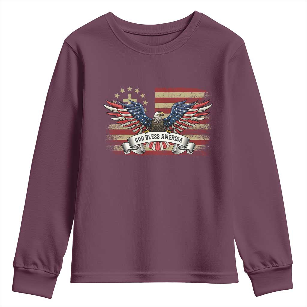 God Bless America Youth Sweatshirt Vintage Eagle Christian Cross Flag 4th Of July TS10 Maroon Print Your Wear