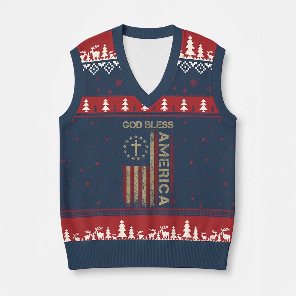 God Bless America V-Neck Knit Sweater Vest American Flag 4th Of July Patriotic Christian TS10 Navy Red Print Your Wear