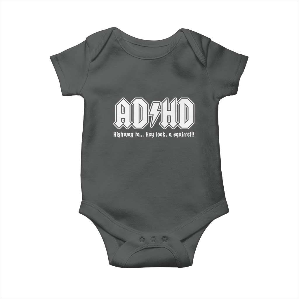 Funny ADHD Baby Onesie Hey Look a Squirrel Rocks Graphic TS10 Dark Heather Print Your Wear