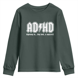 Funny ADHD Youth Sweatshirt Hey Look a Squirrel Rocks Graphic TS10 Dark Forest Green Print Your Wear