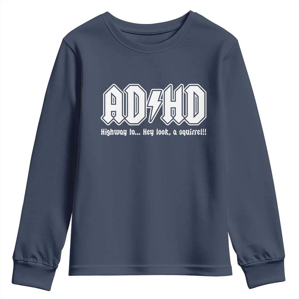 Funny ADHD Youth Sweatshirt Hey Look a Squirrel Rocks Graphic TS10 Navy Print Your Wear