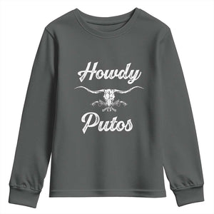 Howdy Putos Youth Sweatshirt Western Cowboy Skull Outlaw Style TS10 Dark Heather Print Your Wear