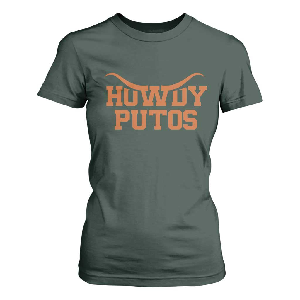 Howdy Putos T Shirt For Women Funny Western Cowboy Spanish Slang TS10 Dark Forest Green Print Your Wear