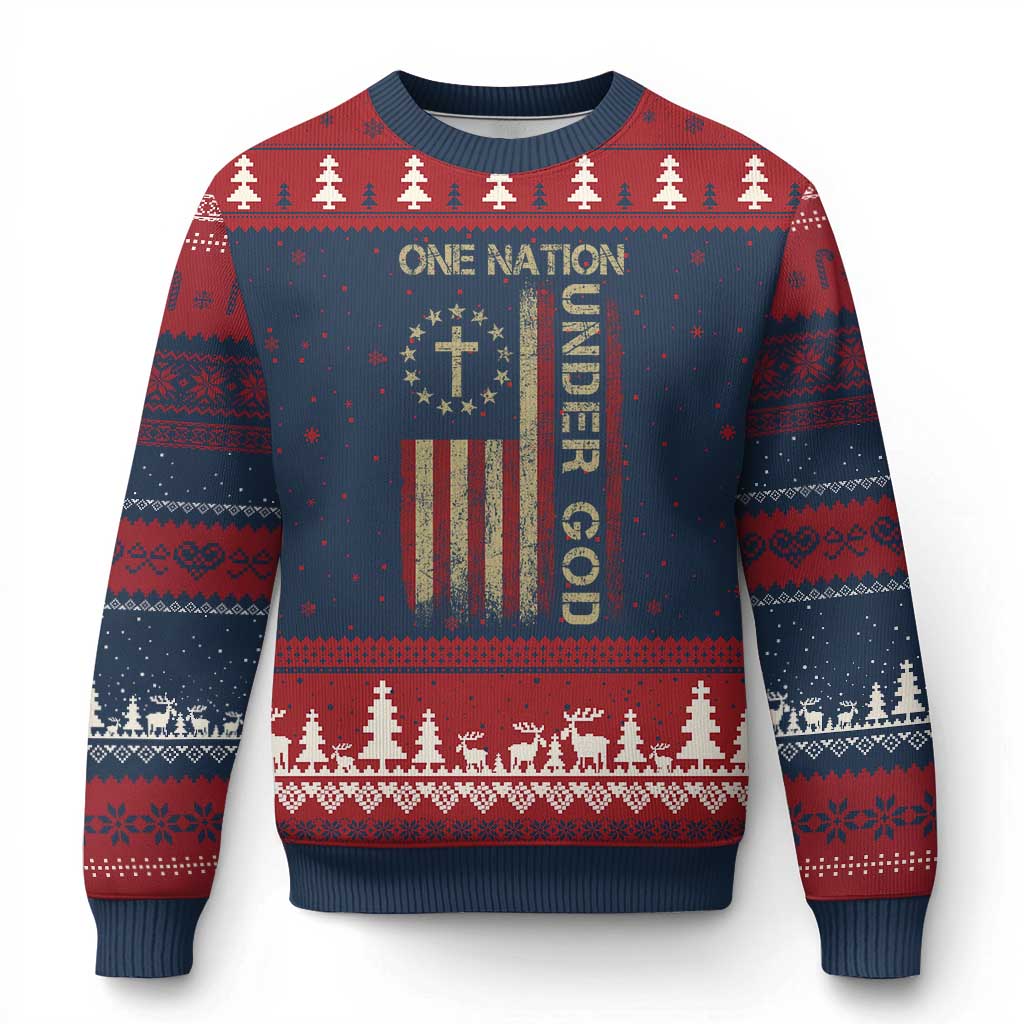 One Nation Under God Ugly Christmas Sweater American Flag 4th Of July Patriotic Christian TS10 Navy Red Print Your Wear