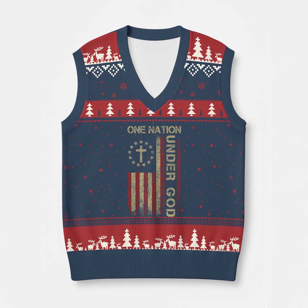 One Nation Under God V-Neck Knit Sweater Vest American Flag 4th Of July Patriotic Christian TS10 Navy Red Print Your Wear