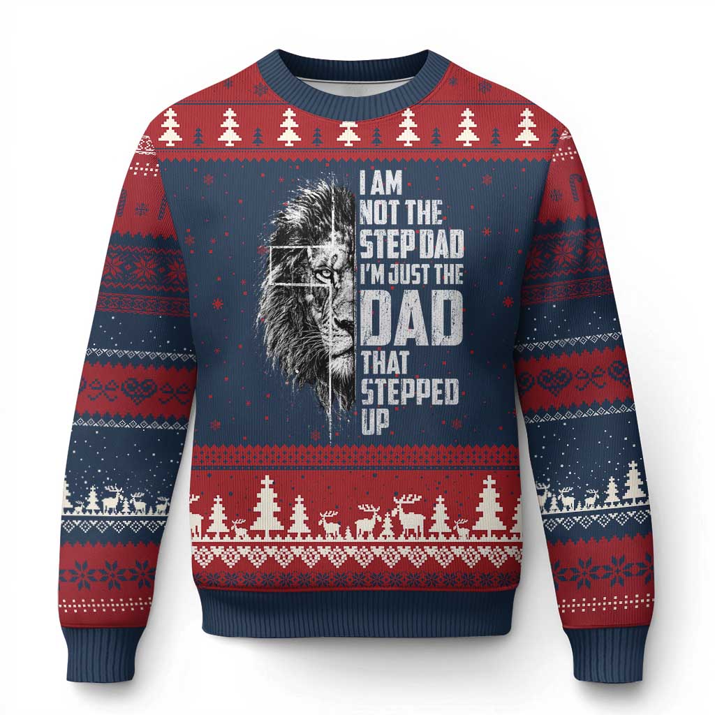 Bonus Dad Ugly Christmas Sweater Stepdad Gifts From Stepdaughter Stepson Cross Lion Stepped Up Dad TS10 Navy Red Print Your Wear