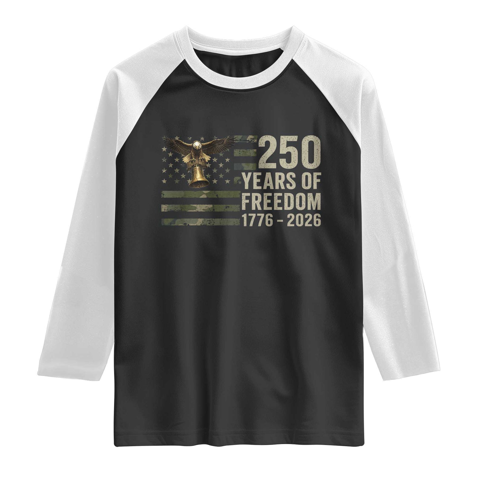 250th Anniversary Raglan Shirt 1776 2026 250 Years Birthday Patriotic Camouflage USA Flag TS10 Black White Print Your Wear