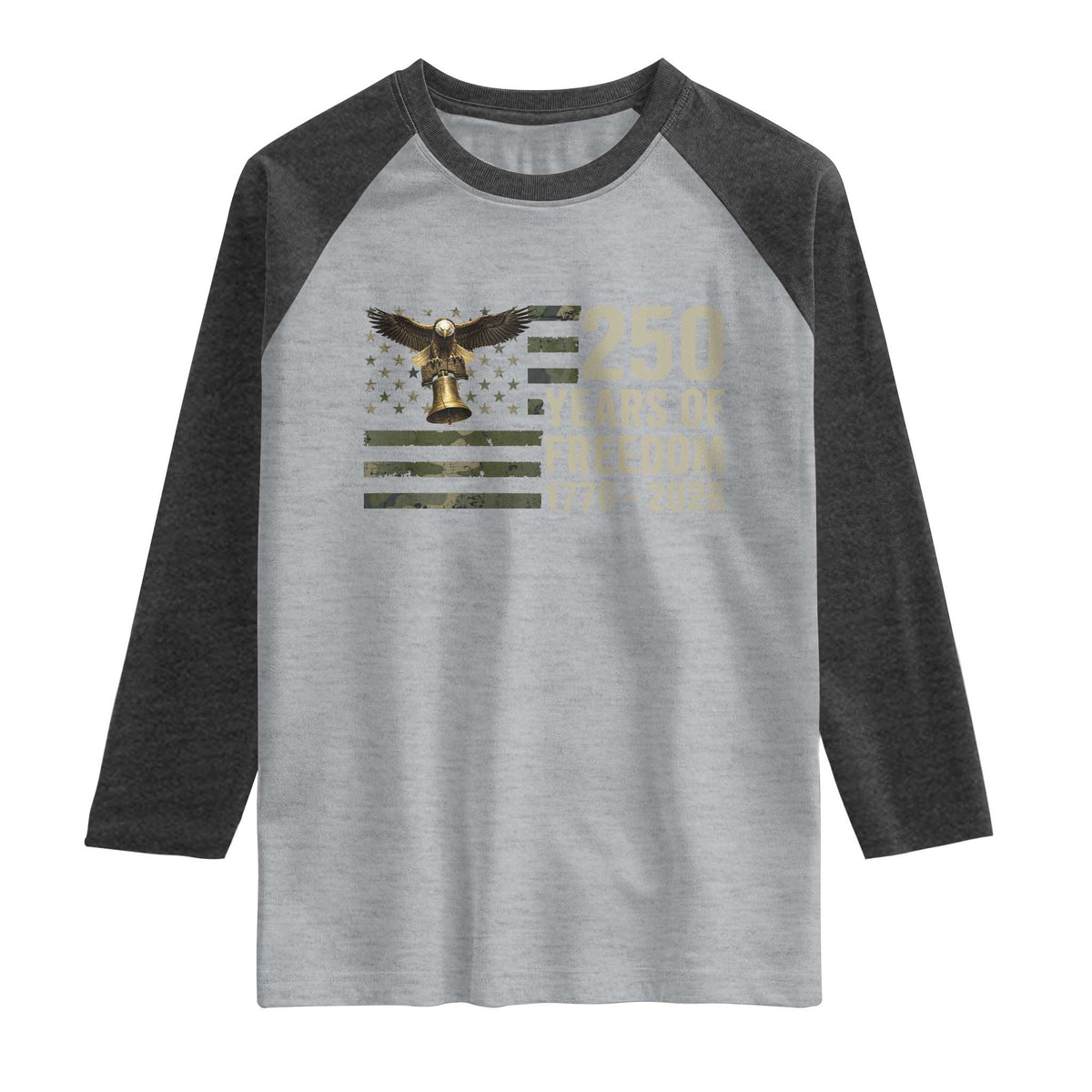 250th Anniversary Raglan Shirt 1776 2026 250 Years Birthday Patriotic Camouflage USA Flag TS10 Heather Gray Heather Charcoal Print Your Wear