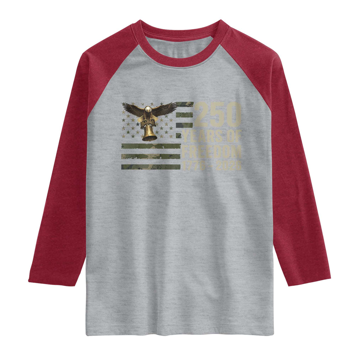 250th Anniversary Raglan Shirt 1776 2026 250 Years Birthday Patriotic Camouflage USA Flag TS10 Heather Gray Heather Red Print Your Wear