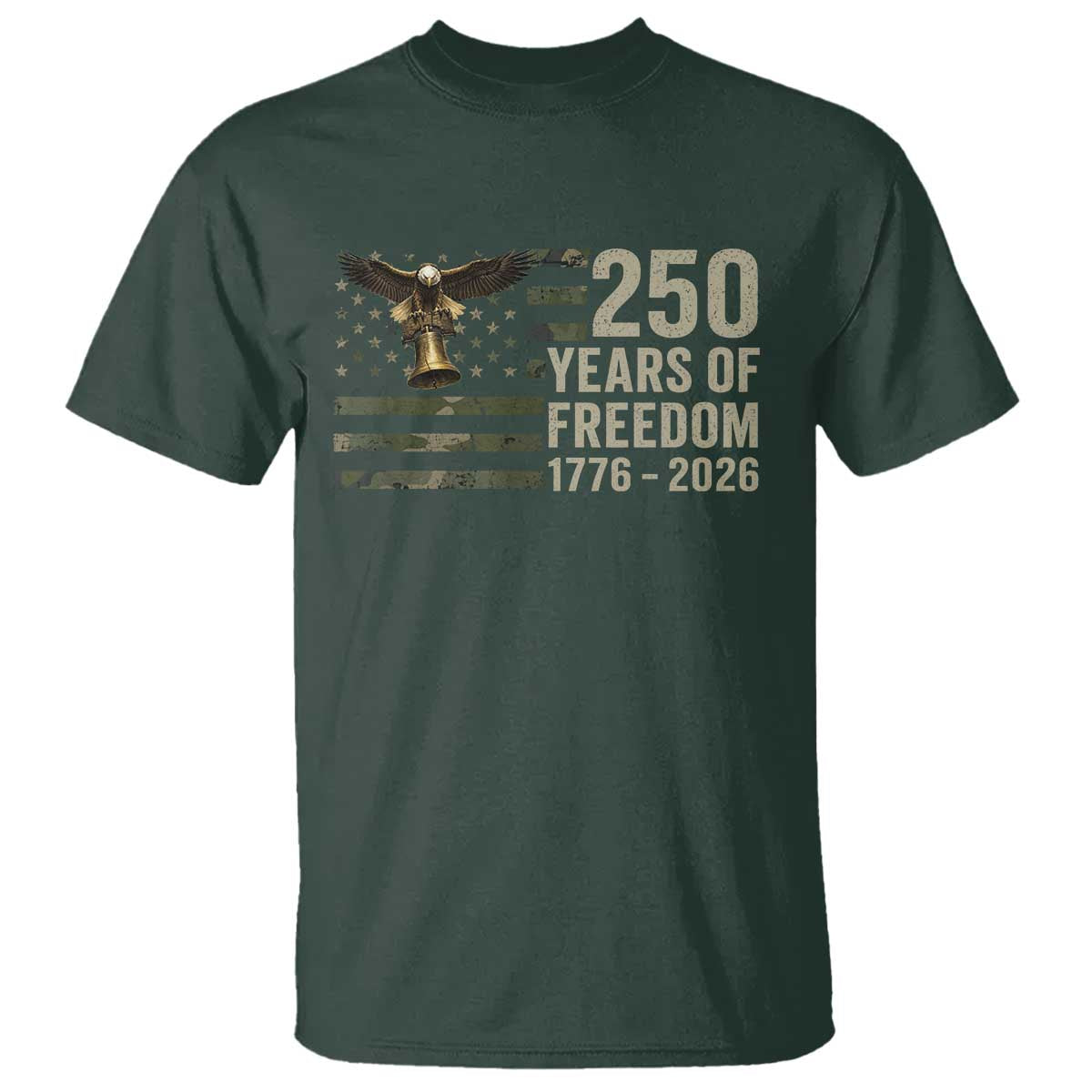 250th Anniversary T Shirt 1776 2026 250 Years Birthday Patriotic Camouflage USA Flag TS10 Dark Forest Green Print Your Wear