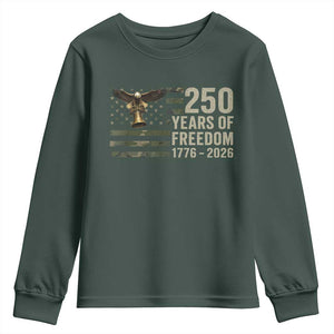 250th Anniversary Youth Sweatshirt 1776 2026 250 Years Birthday Patriotic Camouflage USA Flag TS10 Dark Forest Green Print Your Wear