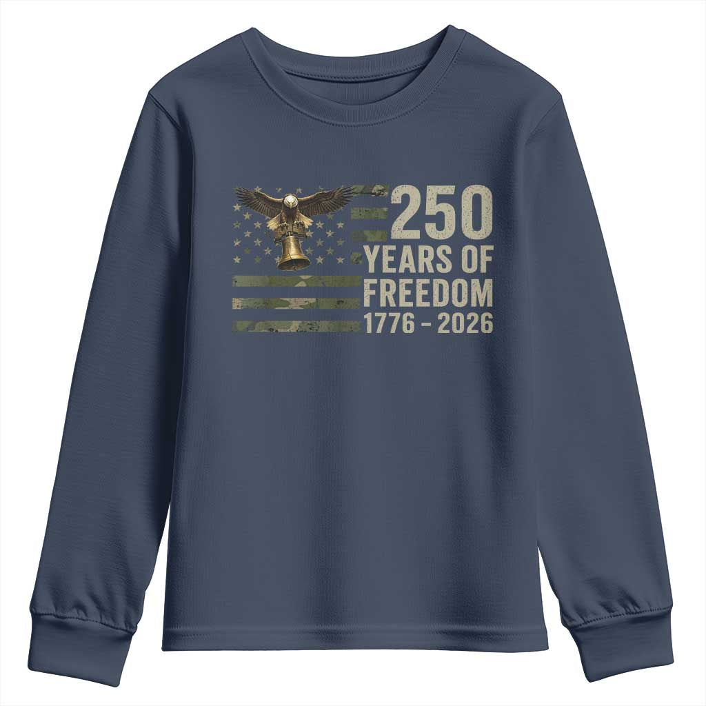 250th Anniversary Youth Sweatshirt 1776 2026 250 Years Birthday Patriotic Camouflage USA Flag TS10 Navy Print Your Wear