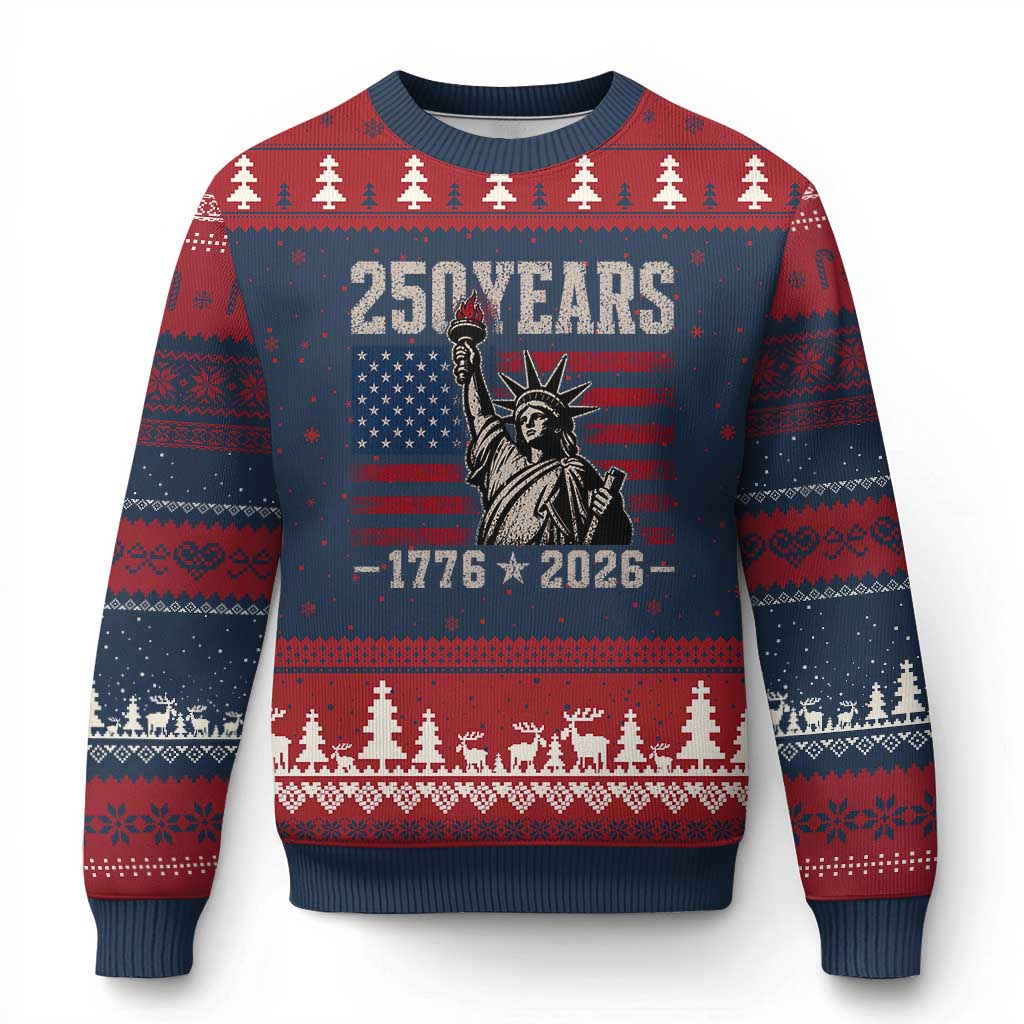 USA Independence 250th Anniversary Ugly Christmas Sweater Patriotic Lady Liberty American Flag 250 Years 1776 2026 TS10 Navy Red Print Your Wear
