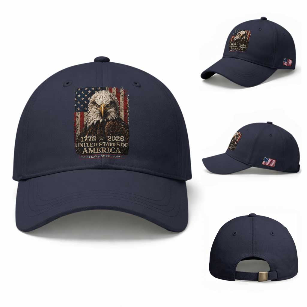 250 Anniversary USA Flag Baseball Cap Vintage Bald Eagle Patriotic 1776 2026 250 Years Birthday TS10 Baseball Cap Universal Fit Navy Print Your Wear