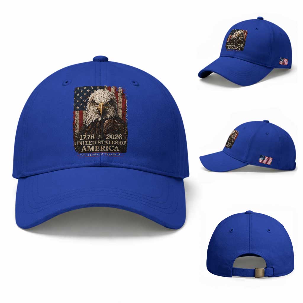 250 Anniversary USA Flag Baseball Cap Vintage Bald Eagle Patriotic 1776 2026 250 Years Birthday TS10 Baseball Cap Universal Fit Royal Blue Print Your Wear