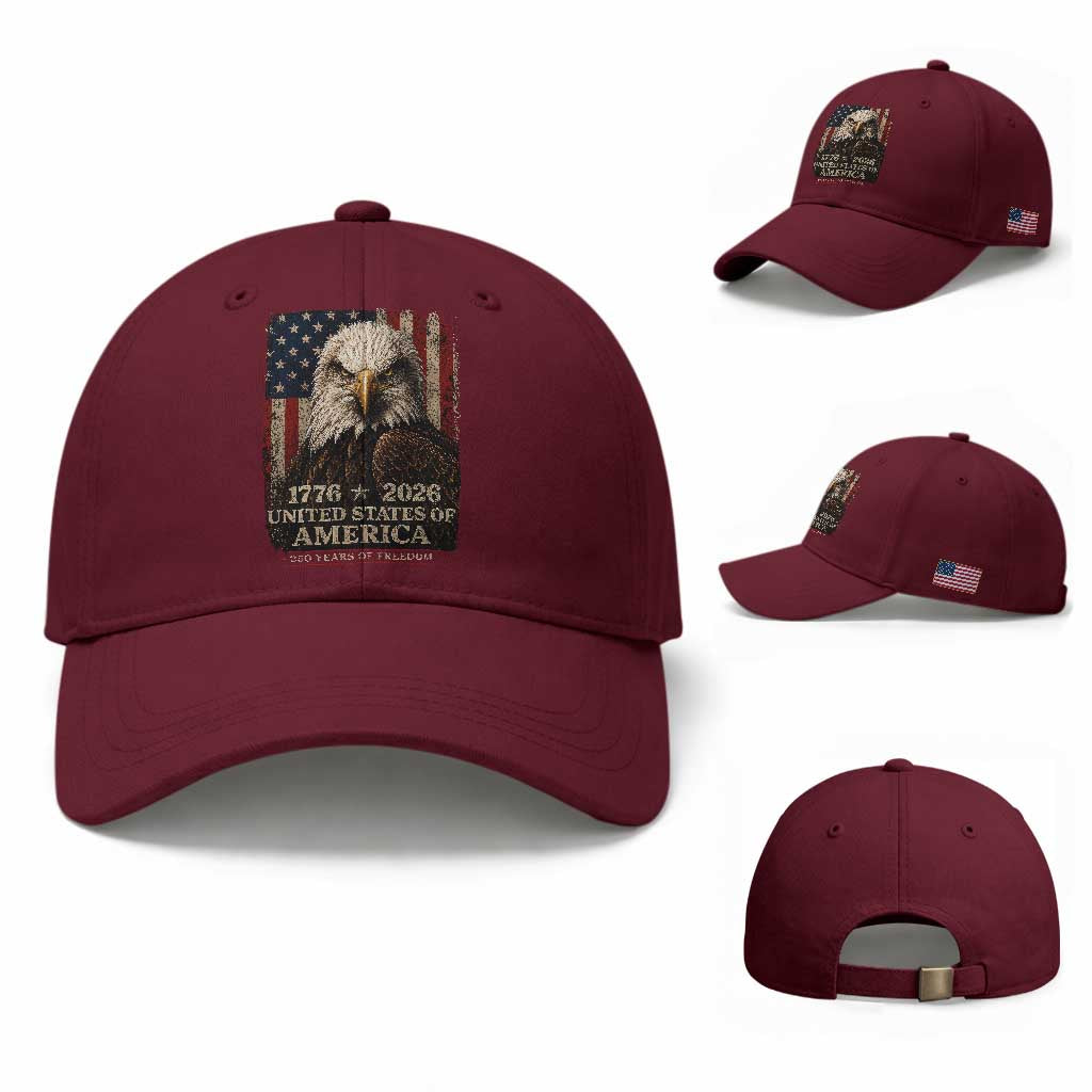250 Anniversary USA Flag Baseball Cap Vintage Bald Eagle Patriotic 1776 2026 250 Years Birthday TS10 Baseball Cap Universal Fit Maroon Print Your Wear