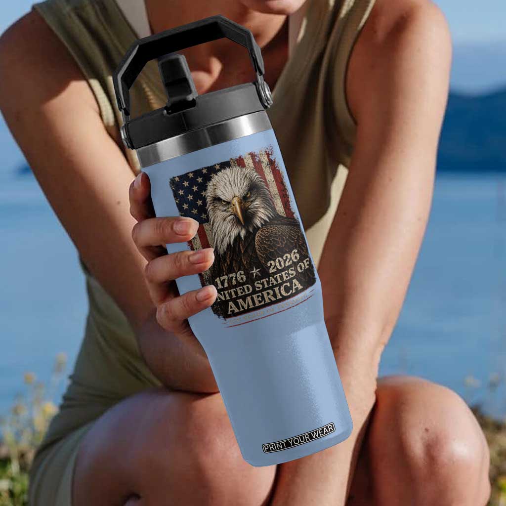 250 Anniversary USA Flag Flip Straw Tumbler Vintage Bald Eagle Patriotic 1776 2026 250 Years Birthday TS10 One Size: 30 oz Light Blue Print Your Wear