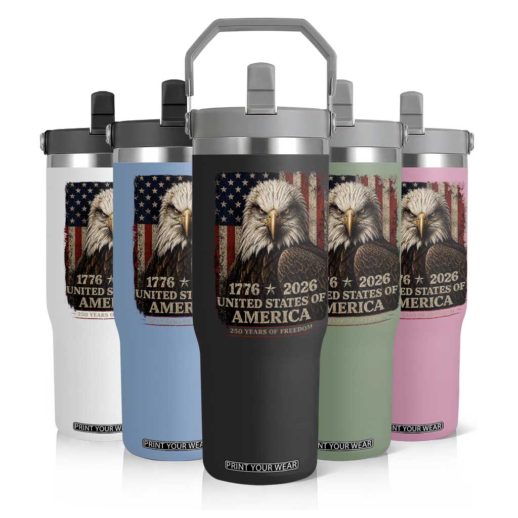 250 Anniversary USA Flag Flip Straw Tumbler Vintage Bald Eagle Patriotic 1776 2026 250 Years Birthday TS10 Print Your Wear