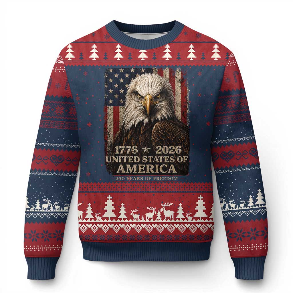 250 Anniversary USA Flag Ugly Christmas Sweater Vintage Bald Eagle Patriotic 1776 2026 250 Years Birthday TS10 Navy Red Print Your Wear