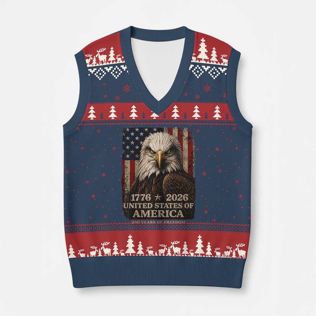 250 Anniversary USA Flag V-Neck Knit Sweater Vest Vintage Bald Eagle Patriotic 1776 2026 250 Years Birthday TS10 Navy Red Print Your Wear