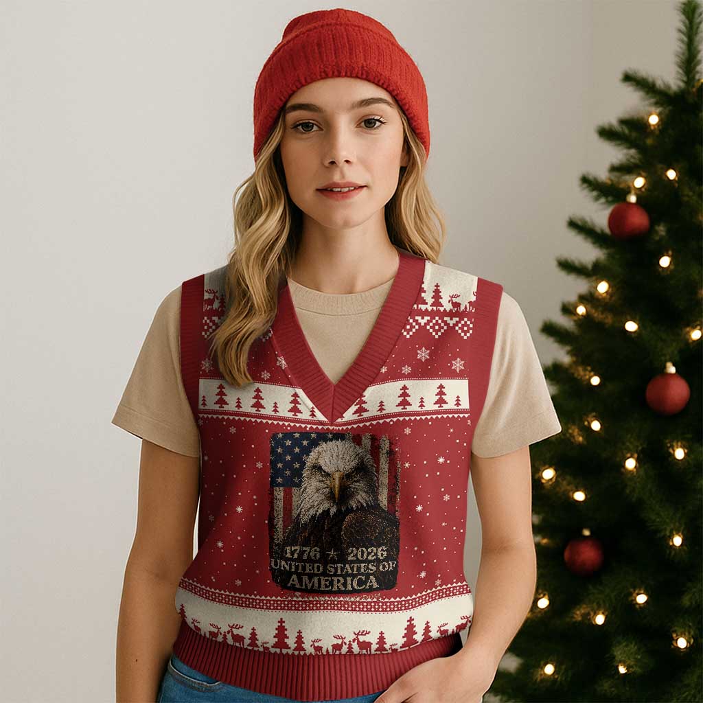 250 Anniversary USA Flag V-Neck Knit Sweater Vest Vintage Bald Eagle Patriotic 1776 2026 250 Years Birthday TS10 Red Beige Print Your Wear