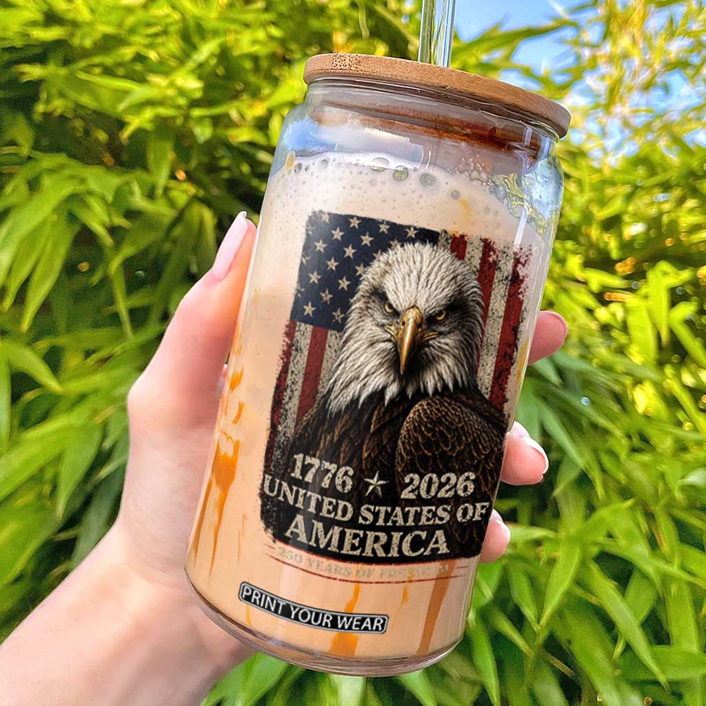 250 Anniversary USA Flag Glass Can Vintage Bald Eagle Patriotic 1776 2026 250 Years Birthday TS10 Black Print Your Wear