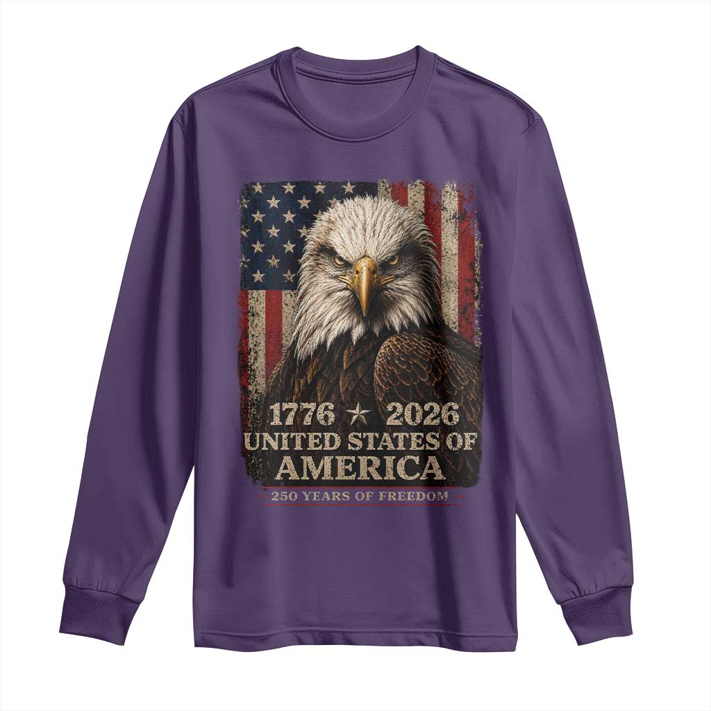 250 Anniversary USA Flag Long Sleeve Shirt Vintage Bald Eagle Patriotic 1776 2026 250 Years Birthday TS10 Purple Print Your Wear