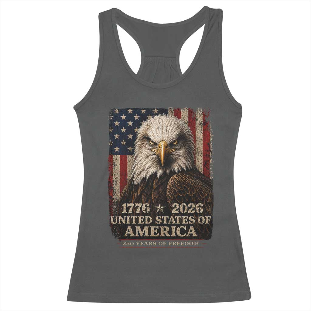 250 Anniversary USA Flag Racerback Tank Top Vintage Bald Eagle Patriotic 1776 2026 250 Years Birthday TS10 Dark Heather Print Your Wear