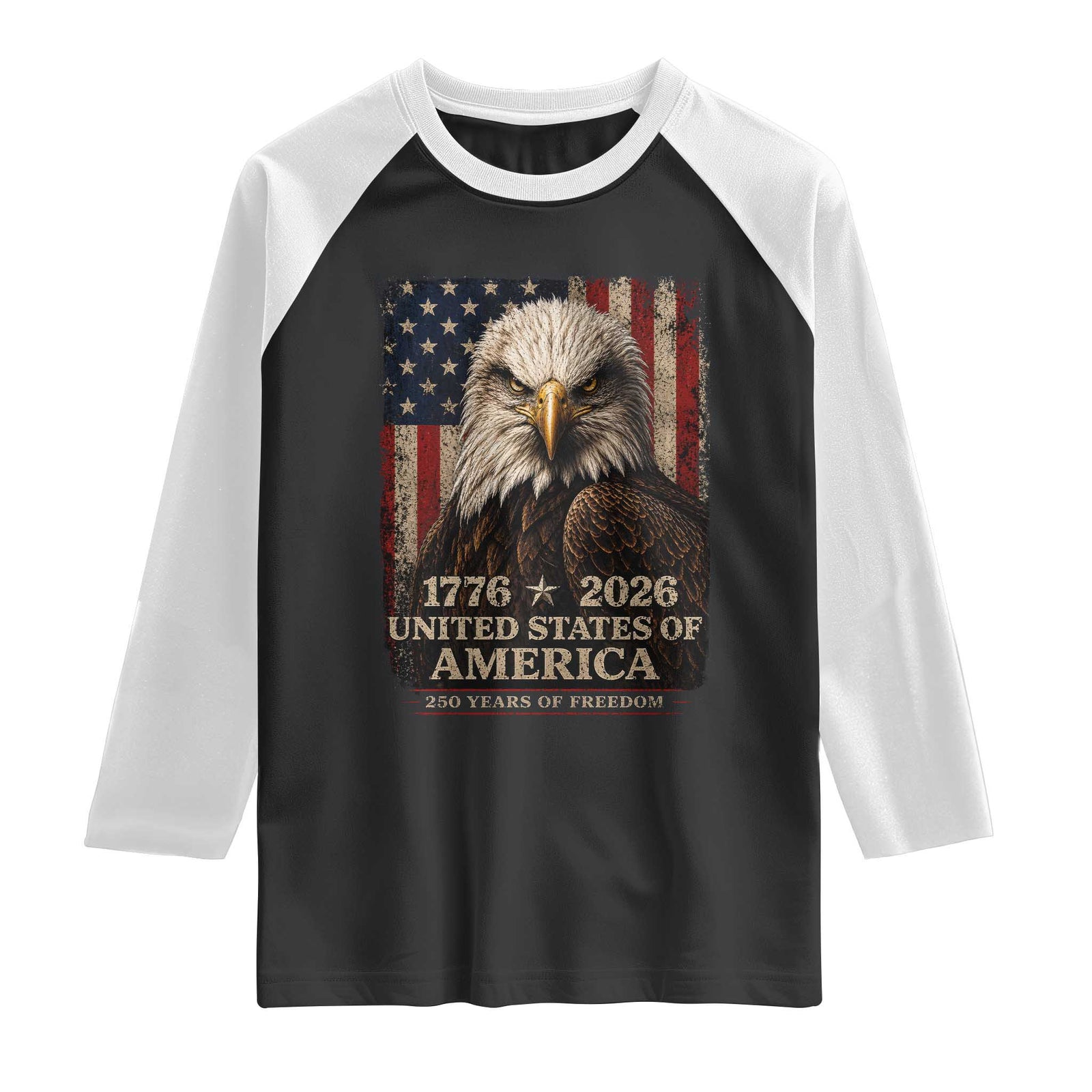 250 Anniversary USA Flag Raglan Shirt Vintage Bald Eagle Patriotic 1776 2026 250 Years Birthday TS10 Black White Print Your Wear