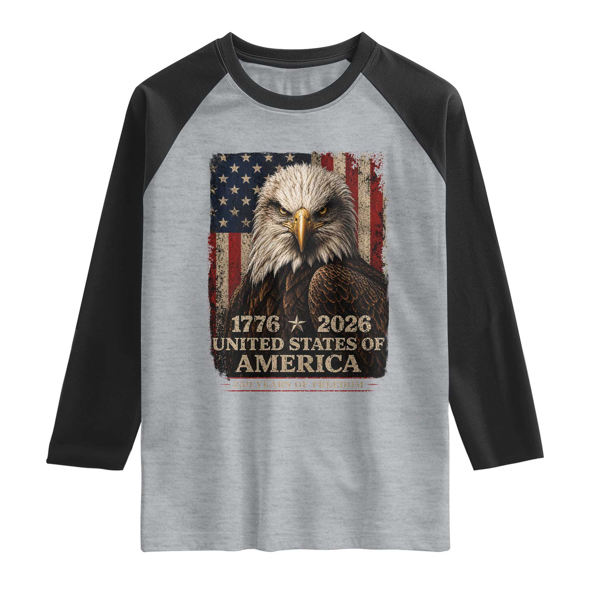 250 Anniversary USA Flag Raglan Shirt Vintage Bald Eagle Patriotic 1776 2026 250 Years Birthday TS10 Heather Gray Black Print Your Wear